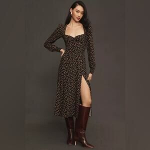 Reformation Black Floral Long Sleeve Sweetheart Neck Slit Hunt Midi Dress 0